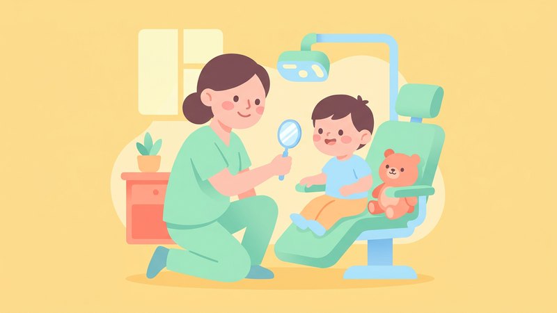 치과 의사가 아이에게 작은 거울을 보여주는 일러스트