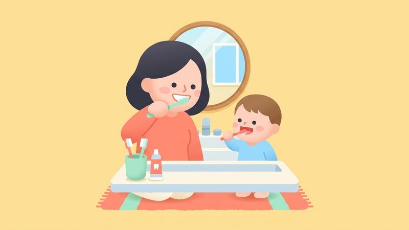 엄마와 아이가 세면대에서 함께 칫솔질하는 일러스트