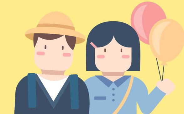 모자를 쓴 남자아이와 풍선을 든 여자아이 일러스트